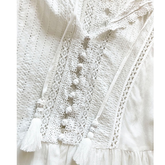 Sea New York Tie Neck Mini Dress White Size 4 Ruffle, Pom-Pom & Tassel Accents - Picture 4 of 14